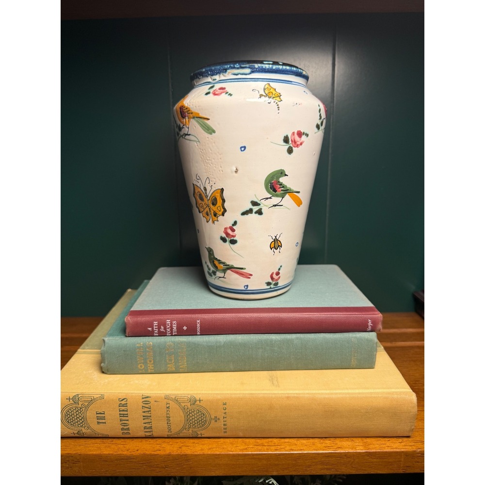 Vintage Italian Hand Painted Bird Butterfly Vase Whimsical Cottagecore Italy